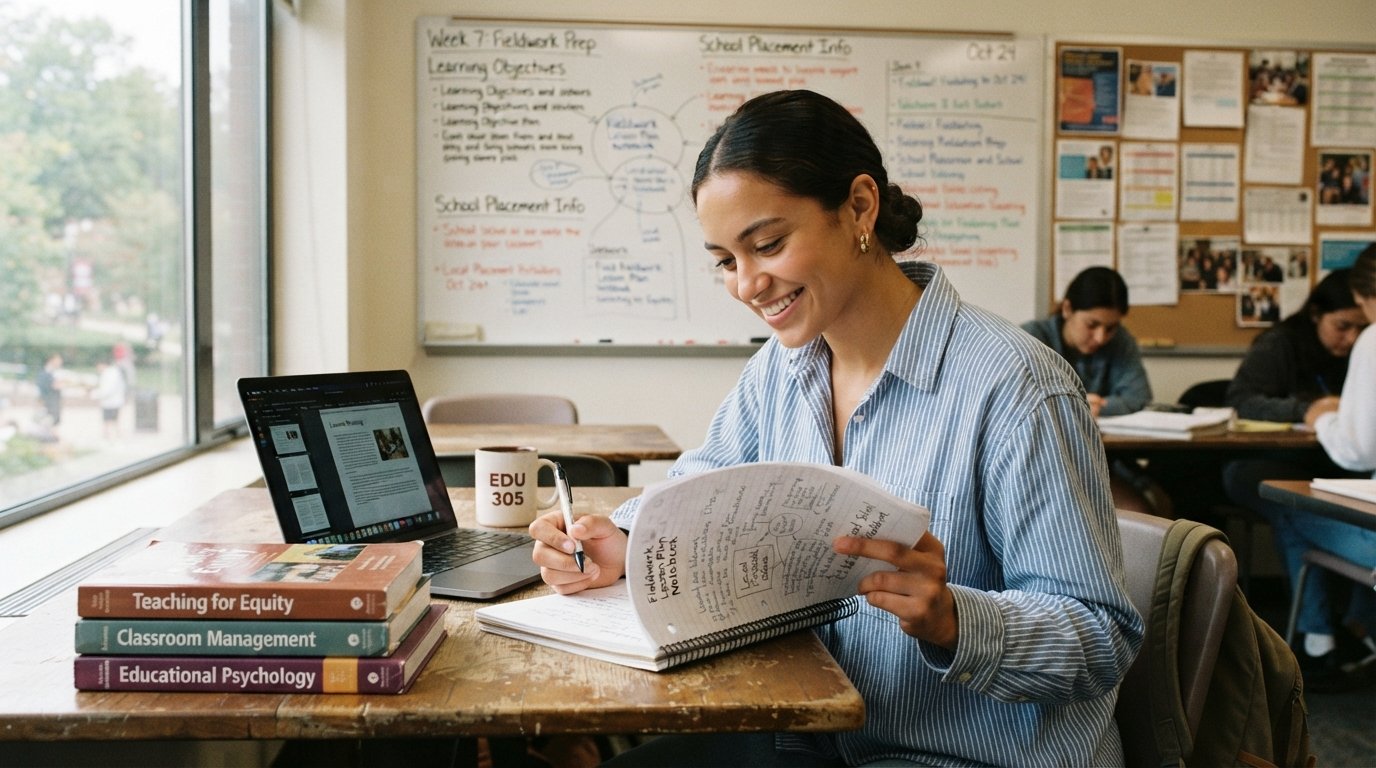 Student in a button-down shirt sits at a classroom desk reviewing a lesson plan notebook beside a laptop and education…