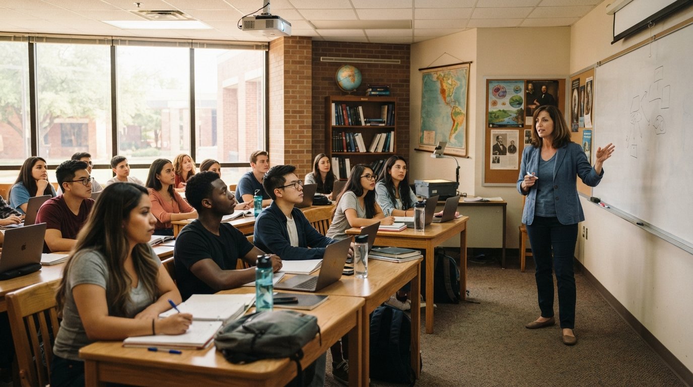 Diverse college students with notebooks and laptops watch a female instructor teach beside a whiteboard in a bright…