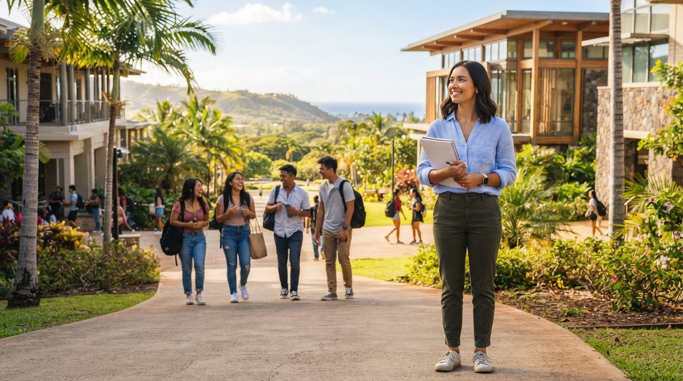 Prospective teacher holding a notebook stands on a sunlit campus walkway with palm trees, students, and academic buildings…