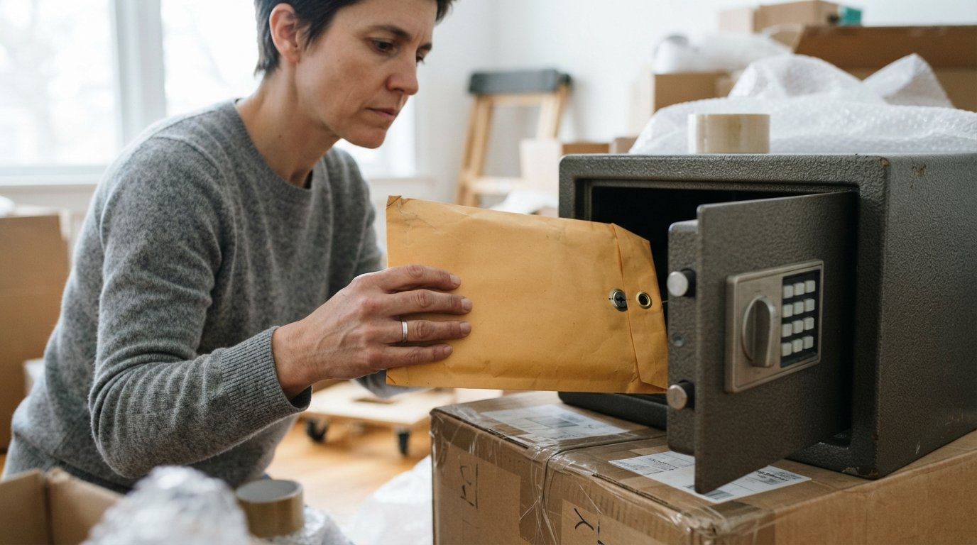 Hands placing a manila envelope with a keyhole label into an open digital safe on a moving box