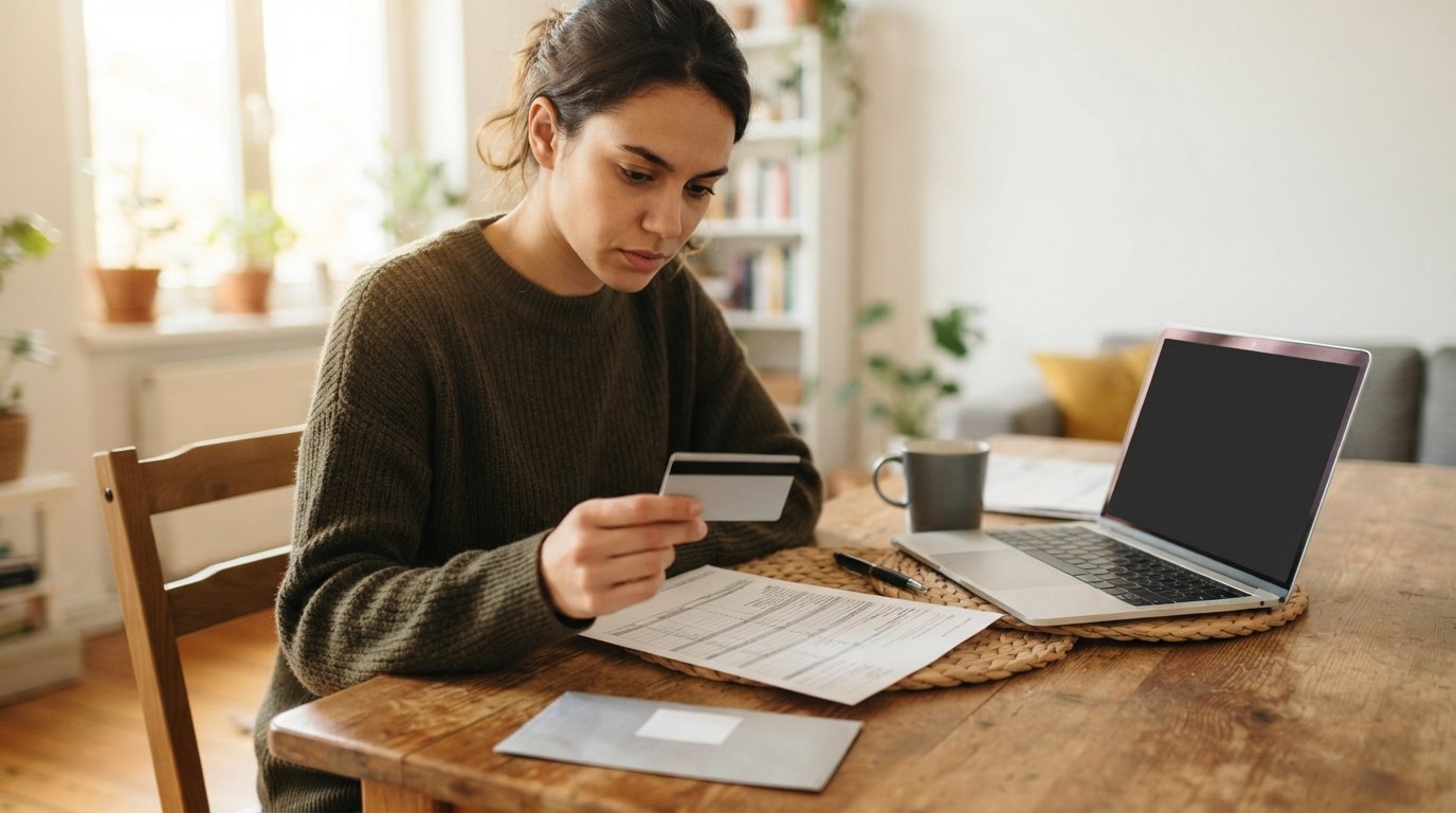 Person at a kitchen table holding a secured credit card beside a deposit envelope and a paper credit report, with a laptop,…