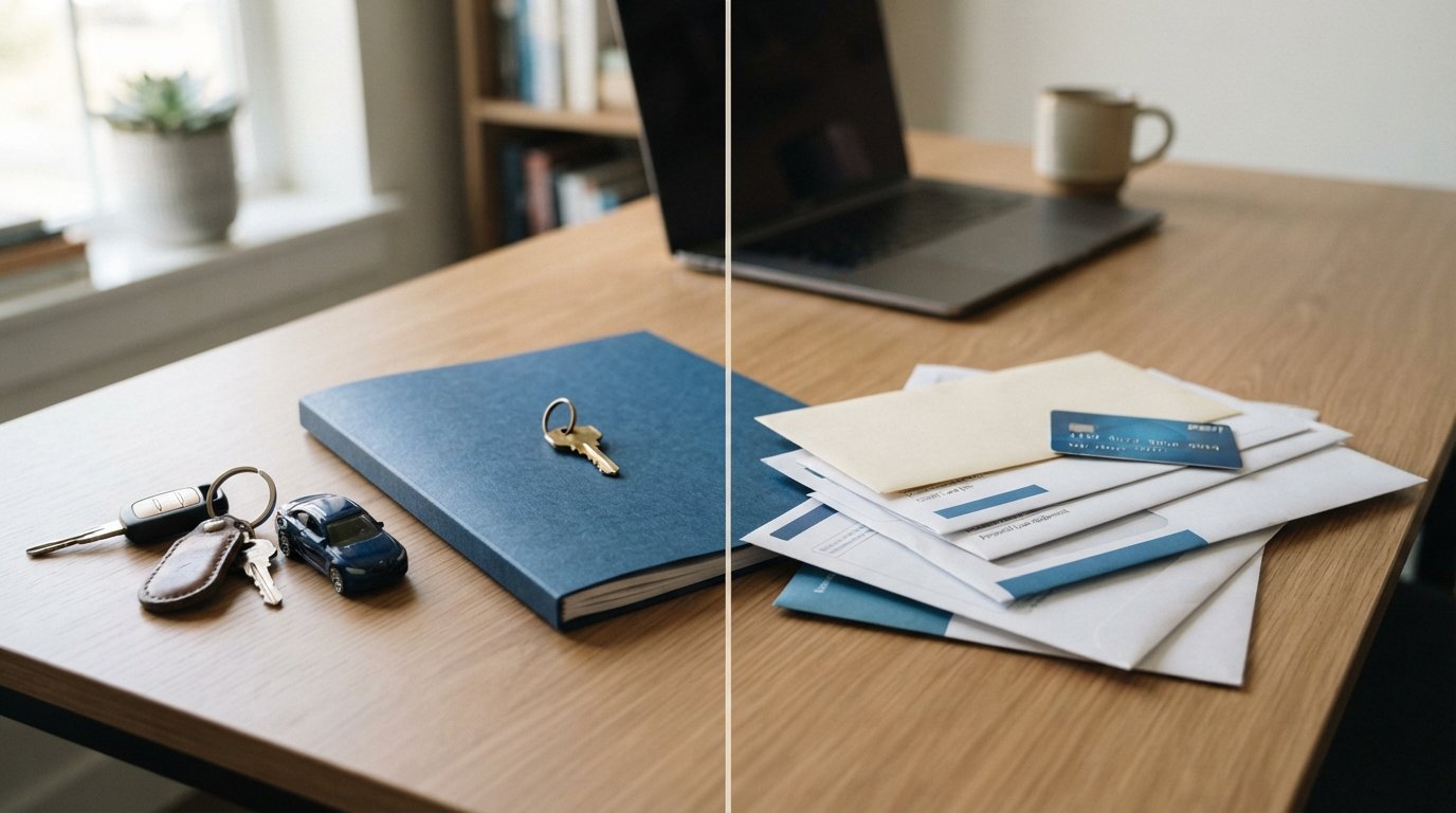 Desk split by light showing car keys, toy car, and mortgage folder on one side and credit card bills, medical invoices, and…