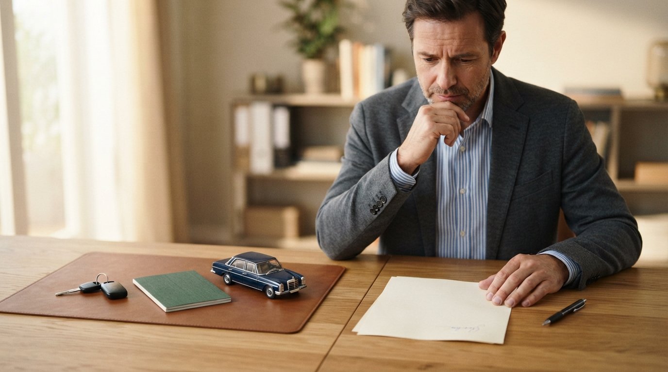 Concerned man at a desk comparing car keys, a model car, and a passbook on one side with a signed document and pen on the…