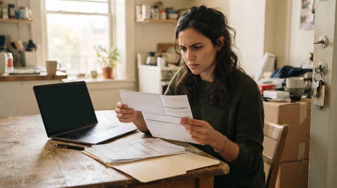 Concerned tenant holding a security deposit refund check and itemized deduction statement at a kitchen table with a laptop,…