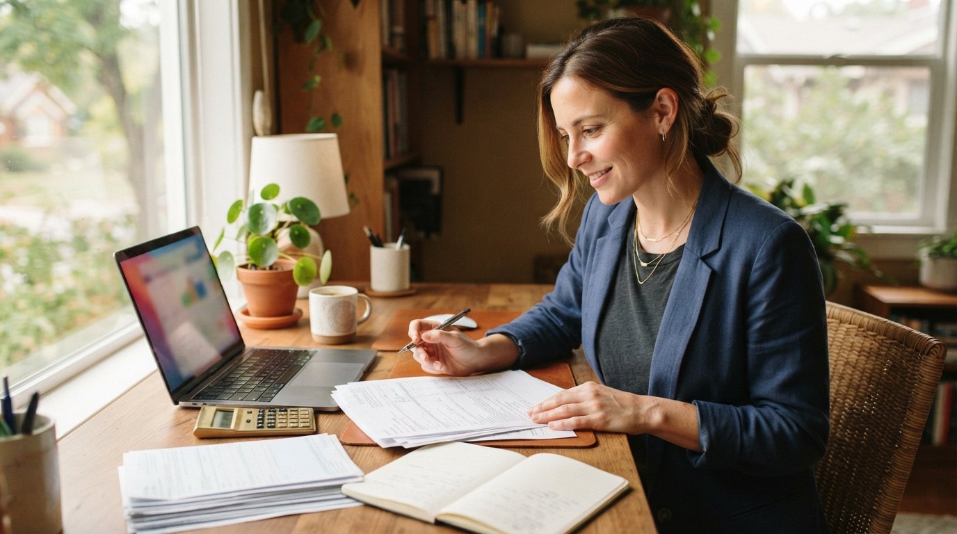 Self-employed woman in a blazer reviewing health insurance premium statements at a wooden desk with a laptop, calculator,…