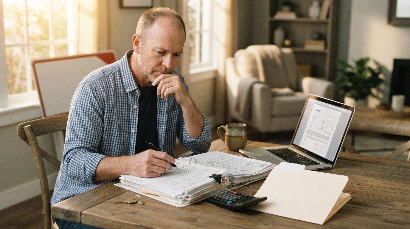 Homeowner in casual shirt reviews property documents at a wooden table with a house key, pen, laptop, and For Sale by Owner…