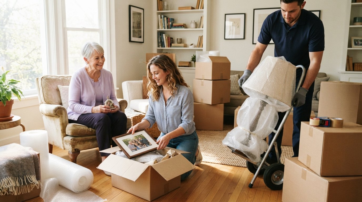 Smiling senior woman in a lavender cardigan sits on a chair while a young woman places a framed photo in a box and a mover…