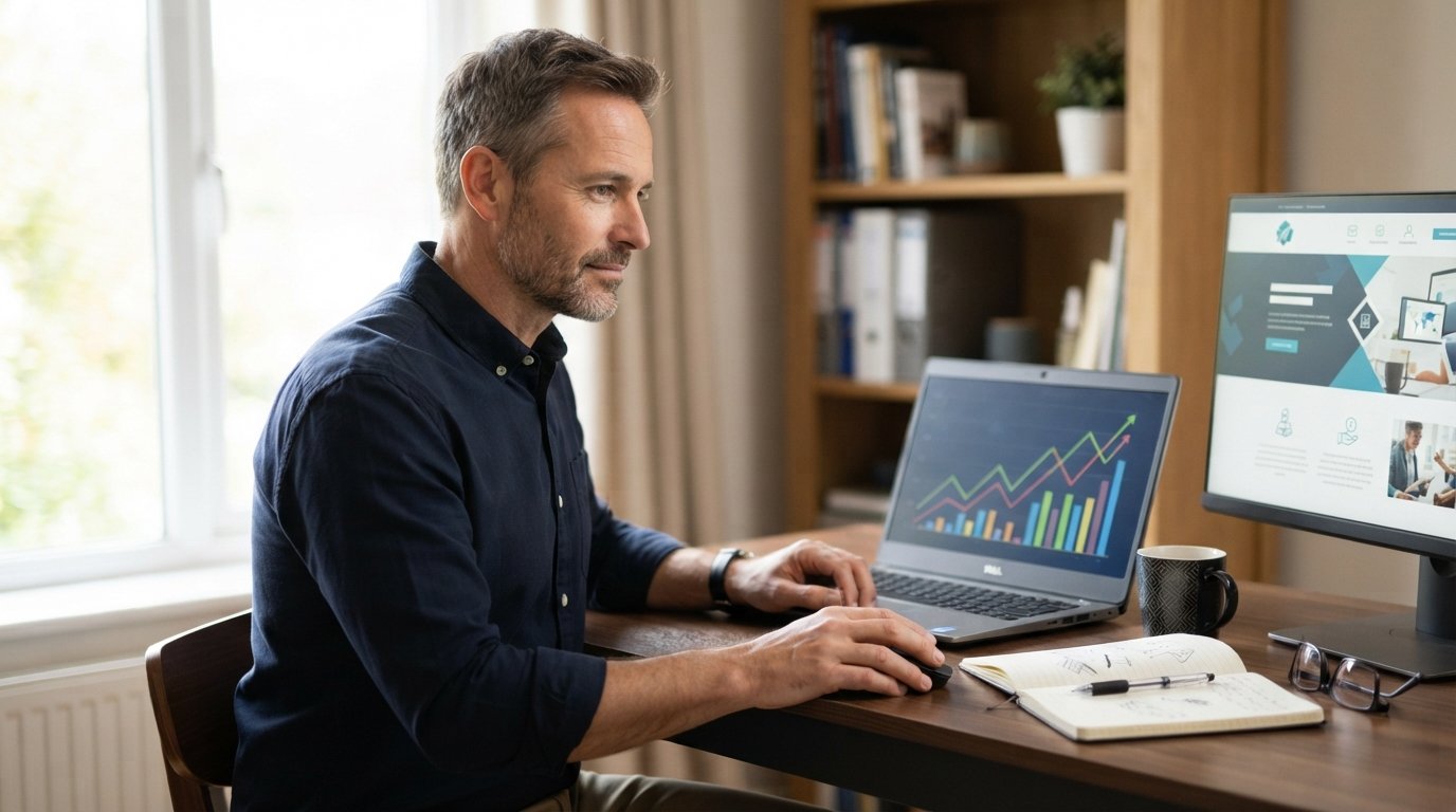 Man in navy shirt at home office desk reviewing rising analytics graph on laptop beside second monitor