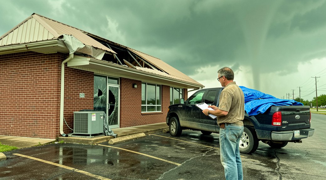 Commercial storefront with damaged roof and broken window under storm clouds, contractor with clipboard in foreground