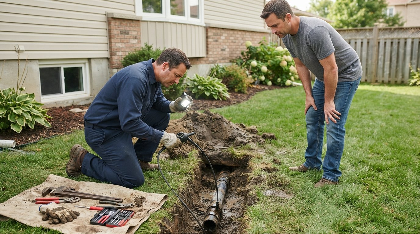 Plumber in navy uniform kneeling on green lawn inspecting exposed sewer pipe with flashlight and camera tool while…