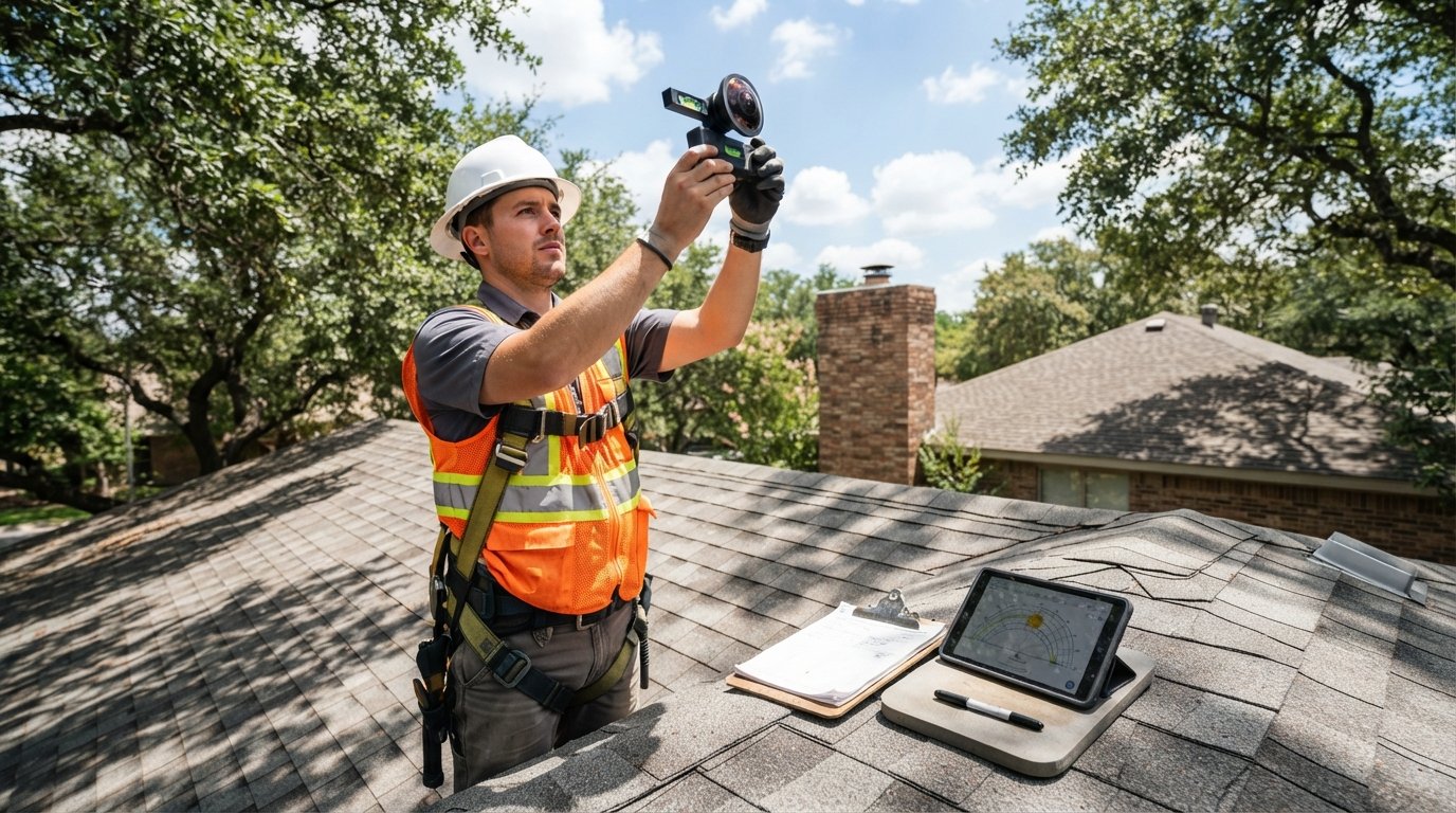 Installer in hard hat and safety vest on a shingled roof holds a fisheye lens skyward, with tablet and clipboard showing a…