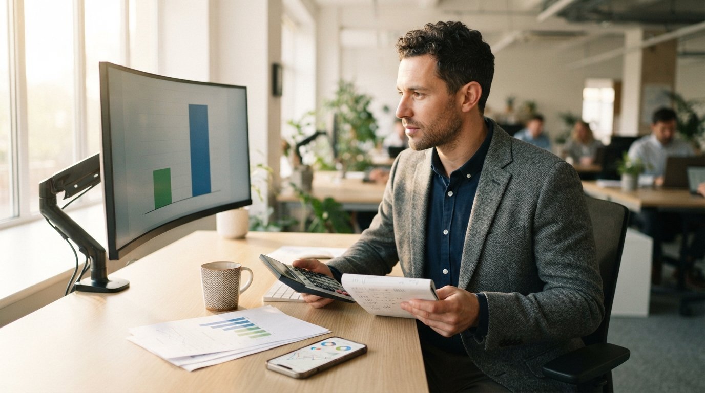 Marketing analyst at a desk with a calculator and notepad, reviewing two side-by-side bar charts on a large monitor in a…