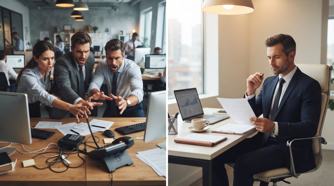 Split-screen mortgage office: three loan officers reach for one ringing phone on the left; one loan officer reviews…