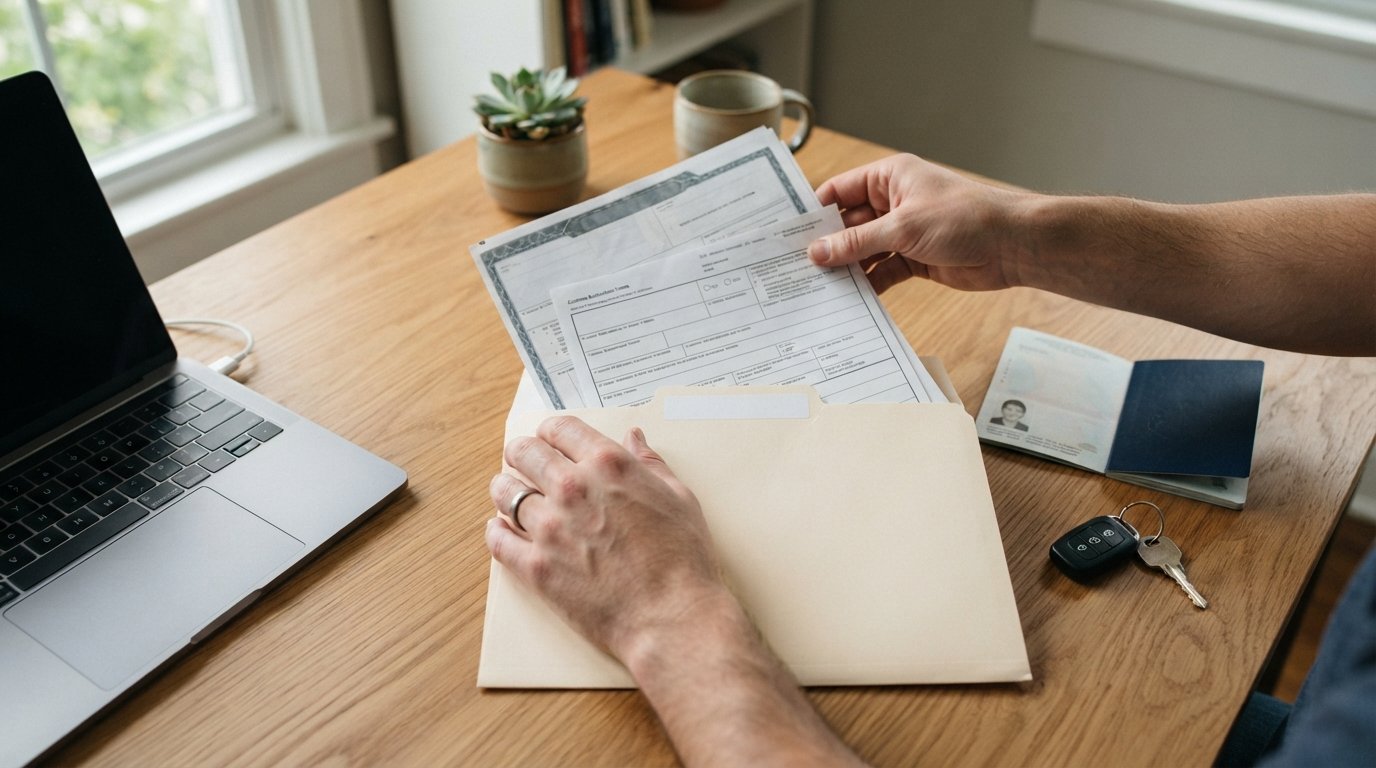 Hands placing vehicle title and customs forms into a labeled manila folder on a wooden desk with a laptop, passport, and…