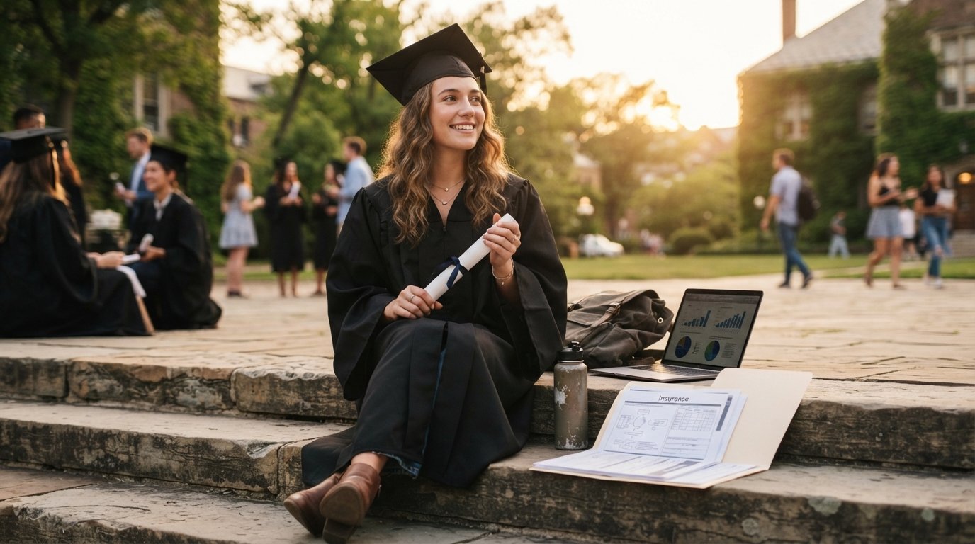 Graduate in cap and gown holding a diploma on campus steps, with a laptop and insurance paperwork beside them