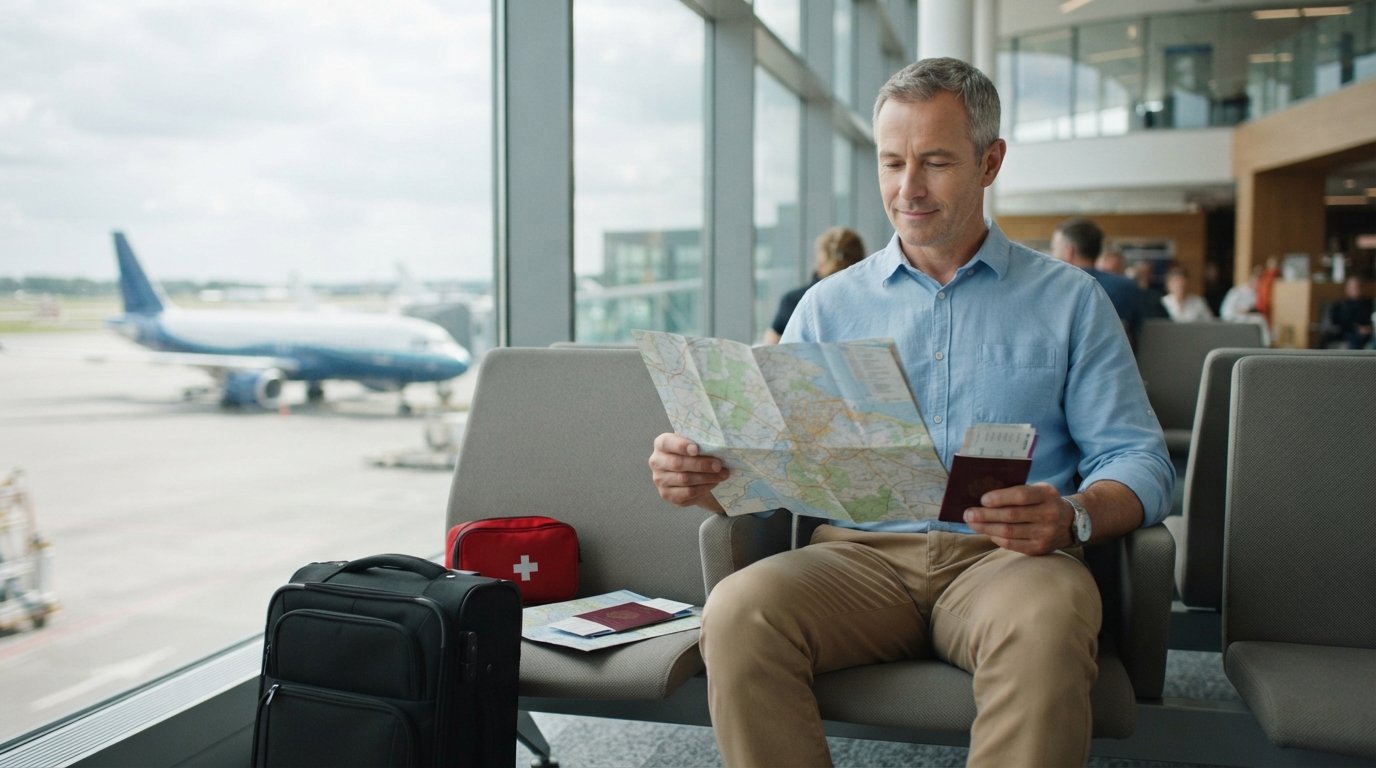 Middle-aged traveler in a blue shirt sits in an airport lounge, holding a map and passport next to a suitcase and first-aid…