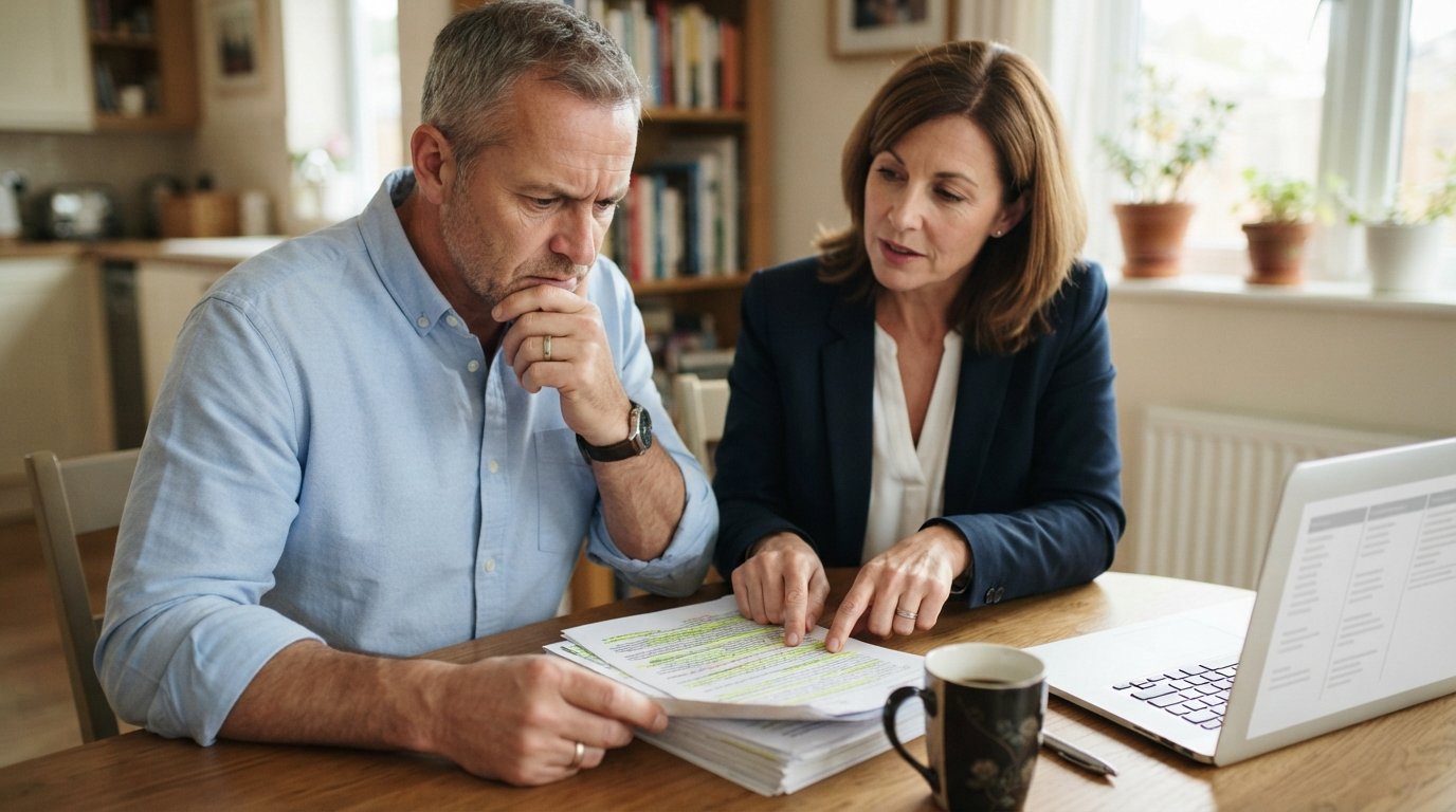 Insurance agent in navy blazer pointing to highlighted sections of a policy document while a middle-aged man in a blue…