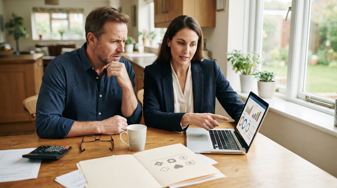 Insurance broker points to plan comparison charts on a laptop while a man in a button-down shirt reviews paperwork at a…