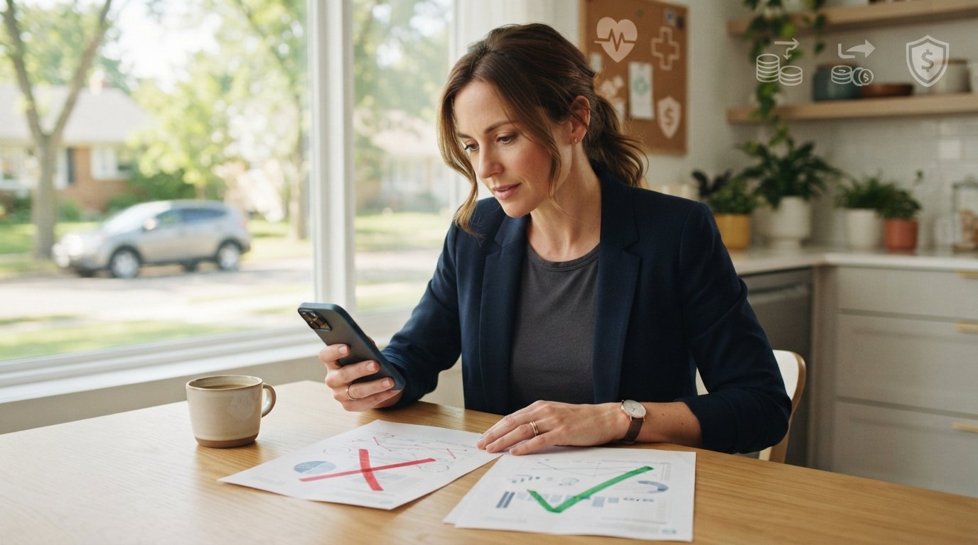 Woman in a kitchen holding a smartphone while reviewing two health insurance plan documents, one marked with a red X and…