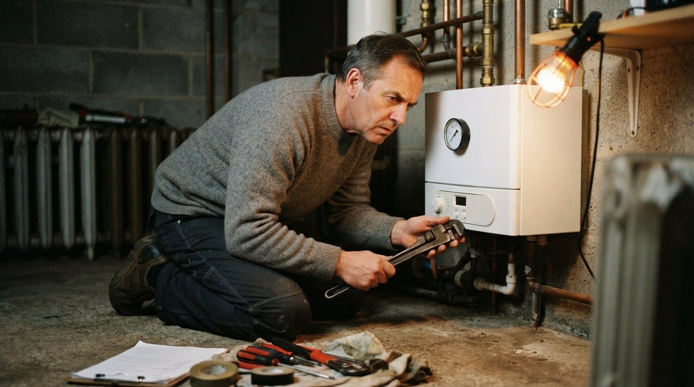 Worried homeowner in a gray sweater kneels beside a white wall-mounted boiler with a wrench, checking its pressure gauge in…
