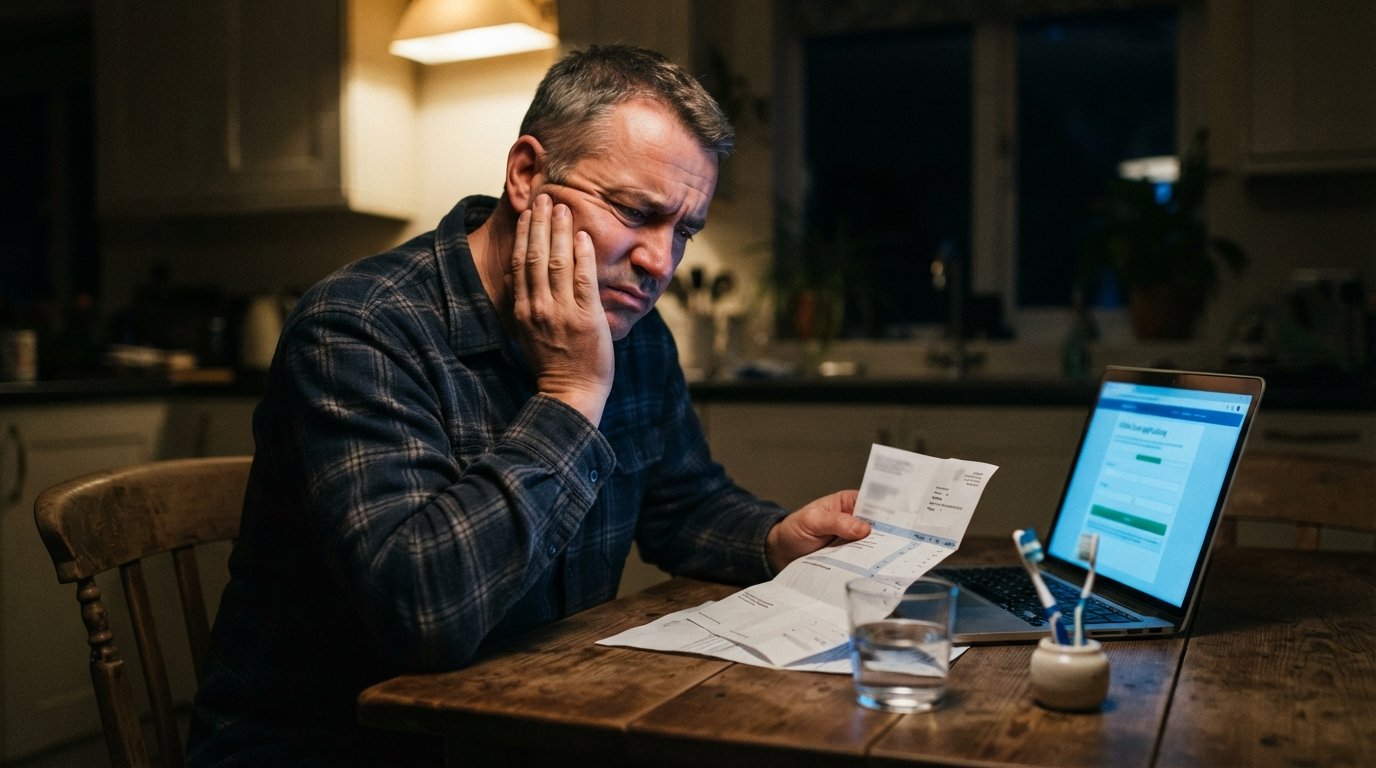 Middle-aged man in a button-down shirt holds his cheek in pain while looking at a dental bill and a laptop at a kitchen…