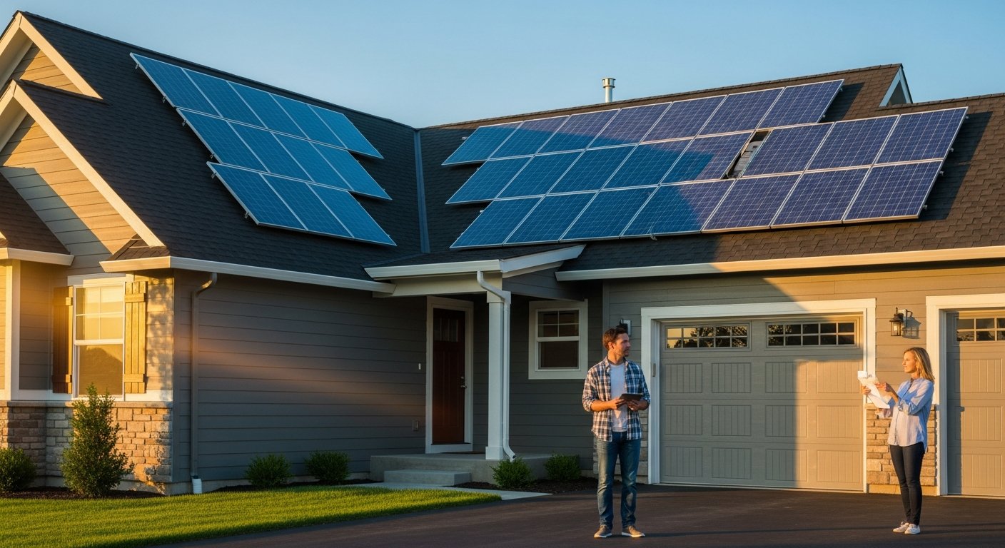 Man holding tablet looks up at blue solar panels on dark roof of two-story house; woman nearby holds electricity bill and…