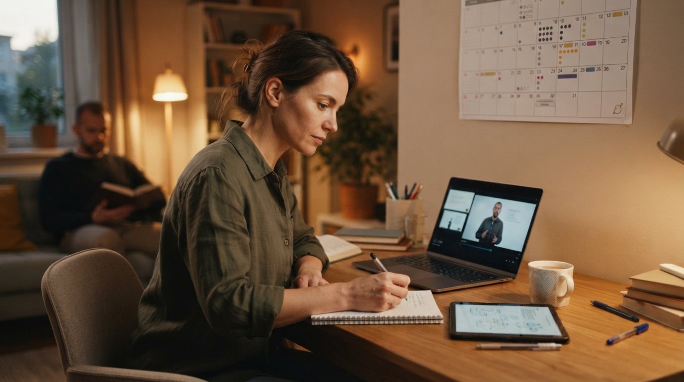 Adult student in a button-down shirt studies at a home desk with a laptop, calendar, coffee mug, notebooks, and tablet,…