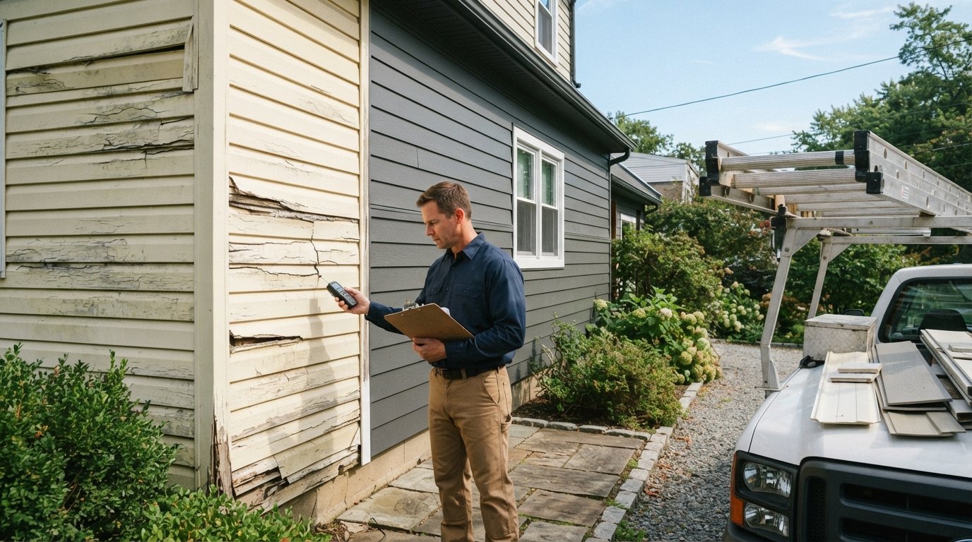 Contractor in navy shirt inspects cracked vinyl siding beside intact fiber cement board on a suburban home exterior
