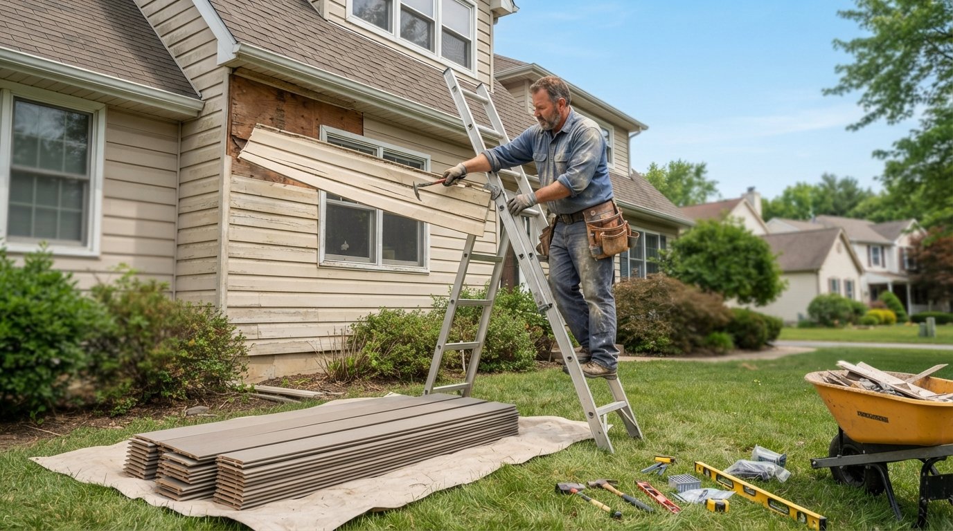Contractor on a ladder removing a cracked beige vinyl panel from a house, with a stack of new gray fiber-cement planks on a…