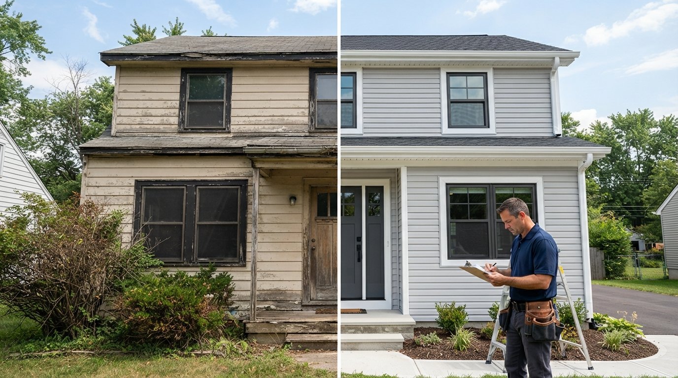 Split view of a suburban house showing weathered old siding on the left and new light gray vinyl siding with white trim on…