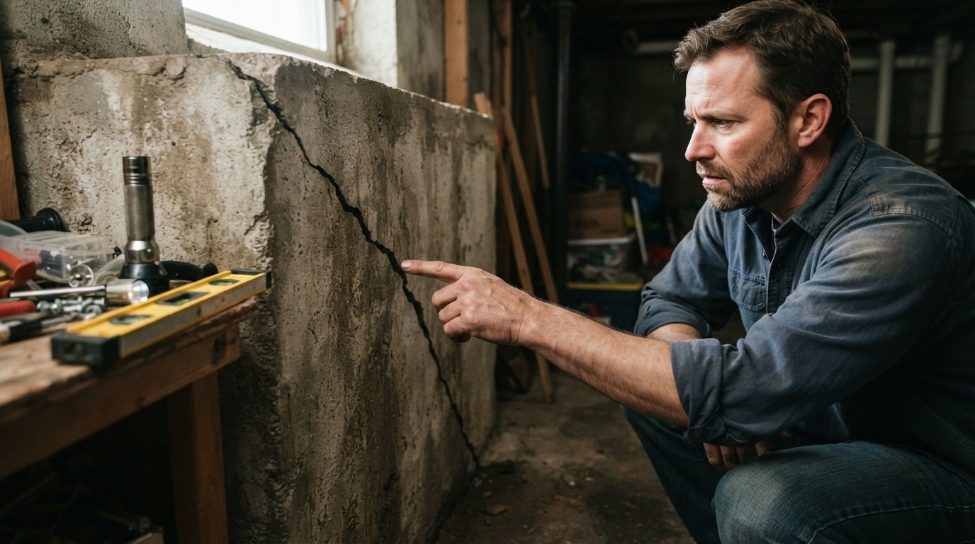Homeowner in work clothes crouching in a dim basement, pointing at a jagged diagonal crack in a concrete foundation wall,…