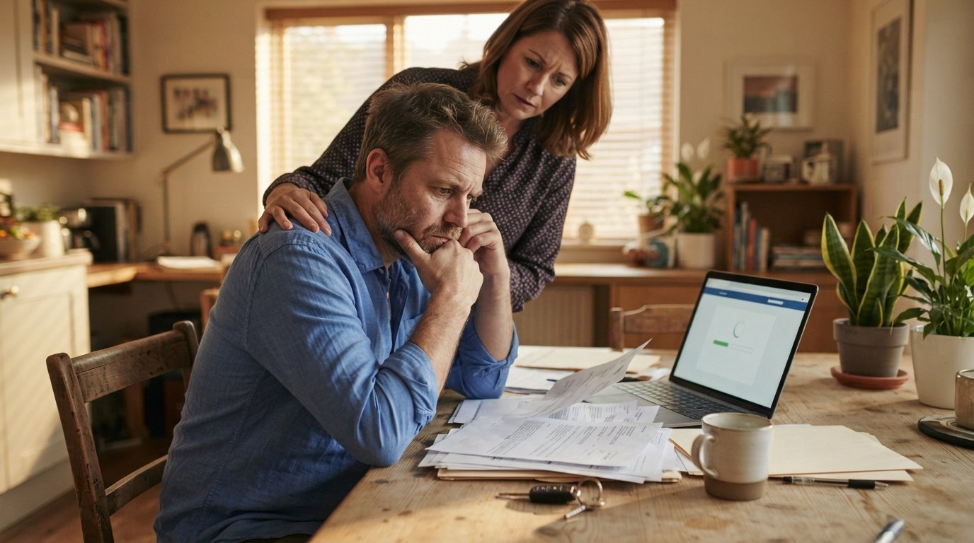 Worried man in a blue shirt sits at a kitchen table with insurance paperwork and a laptop, while his spouse stands behind him