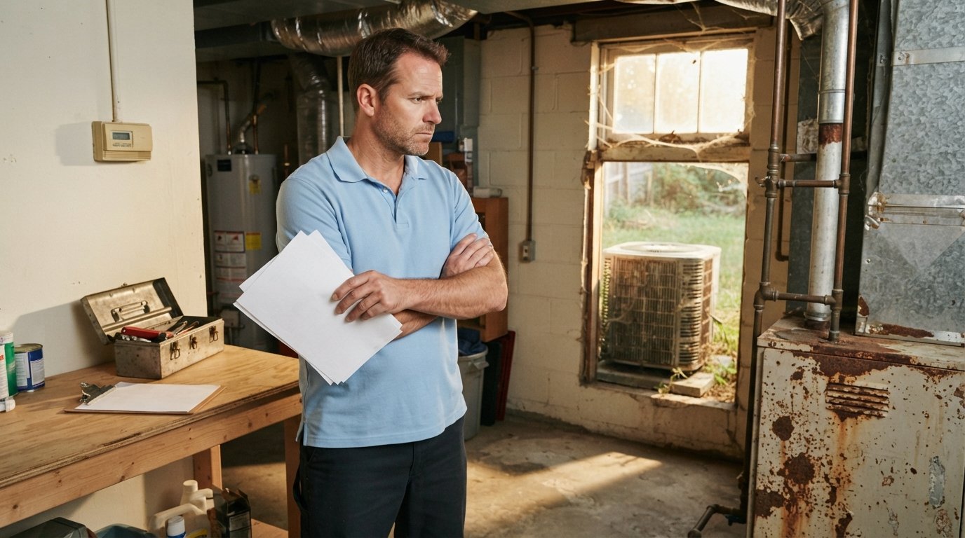 Homeowner in blue polo holding repair invoices beside a rust-spotted furnace, with an outdoor AC condenser visible through…