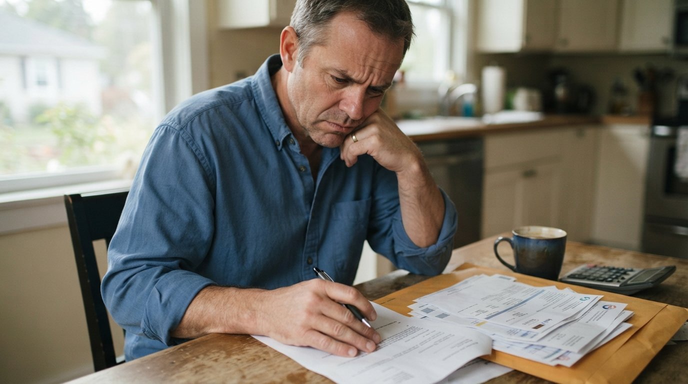 Middle-aged man in blue shirt frowning at a settlement letter, pen in hand, with medical bills and MRI envelope on the table