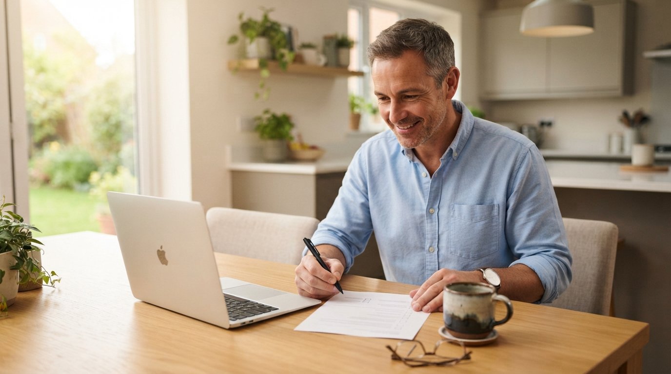 Man in a light blue shirt reviewing a short health questionnaire at a bright kitchen table with a laptop, pen, coffee mug,…