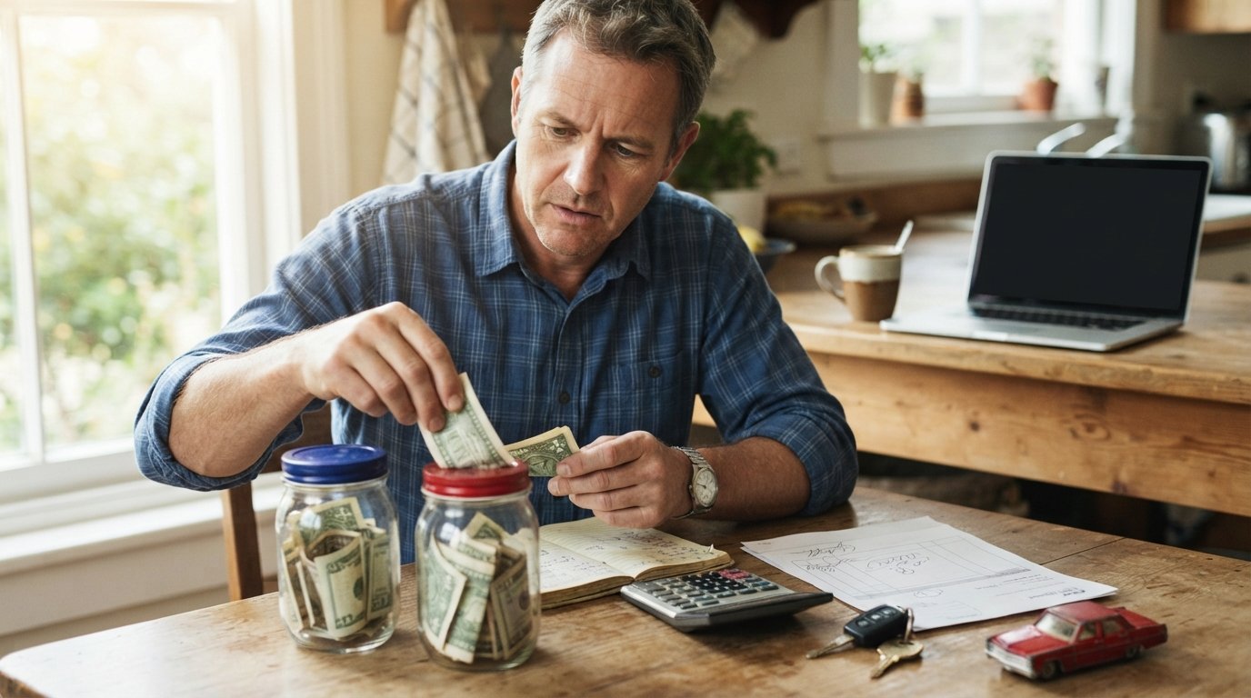 Man at a kitchen table sorting cash into a blue-lidded jar and a red-lidded jar beside a calculator, notebook, car repair…