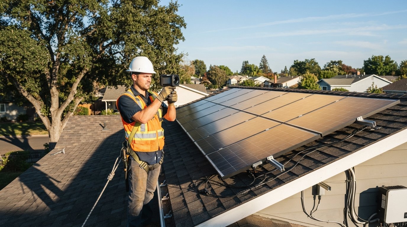 Solar installer in hard hat and safety vest holds a handheld shading tool on a rooftop beside a partially installed panel…