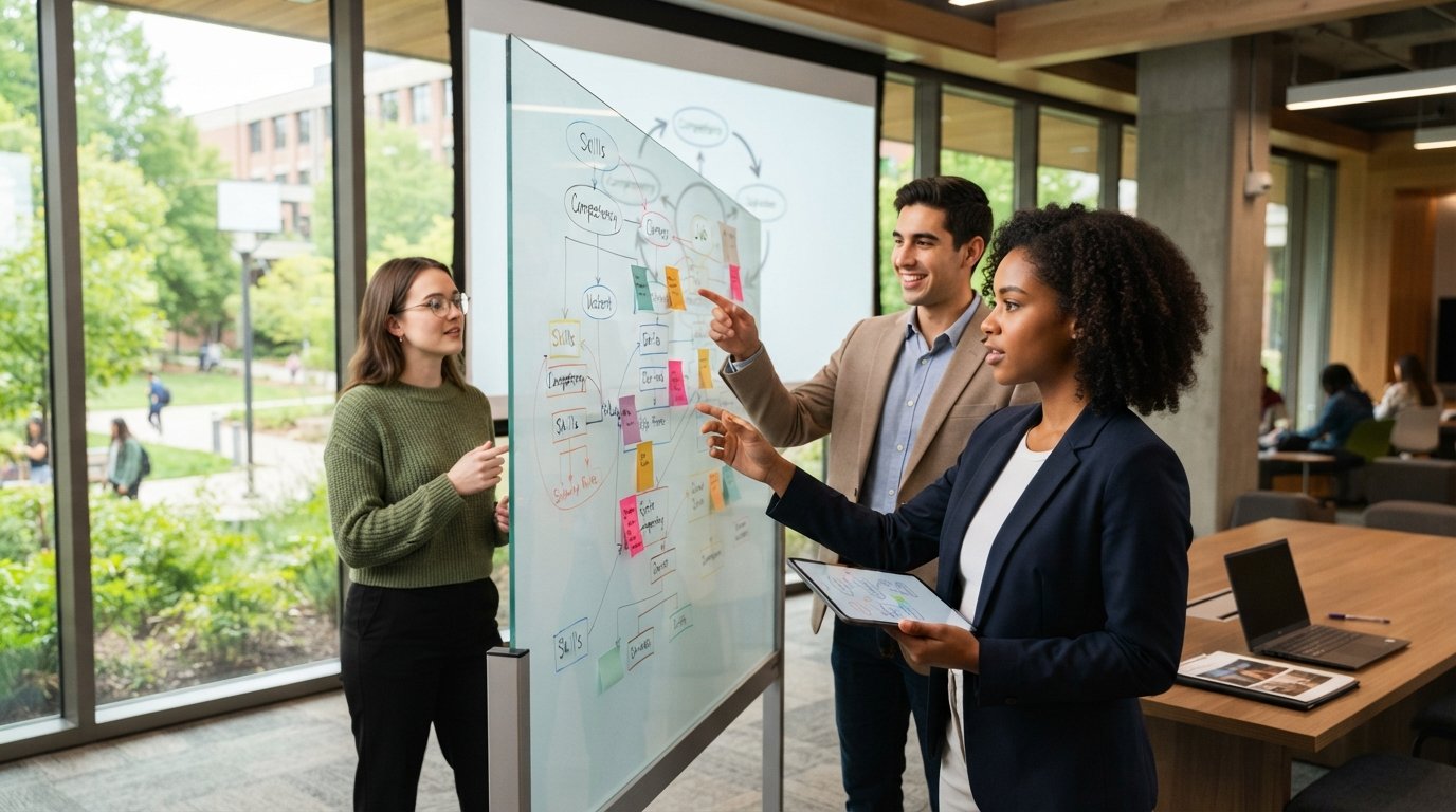 Three graduates in business casual attire examine a glass whiteboard with colorful diagrams and sticky notes in a modern…