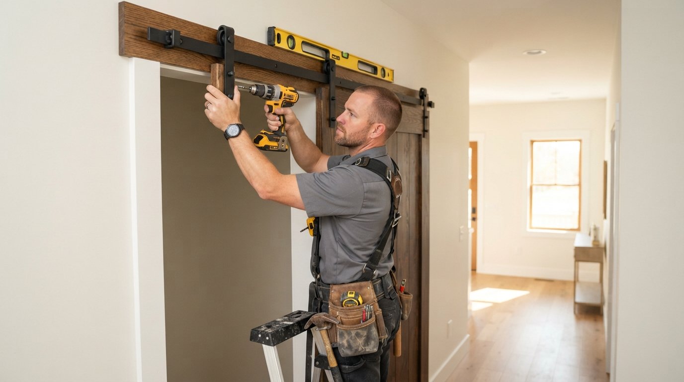 Contractor in grey shirt and tool belt drilling track bracket into wooden header above doorway