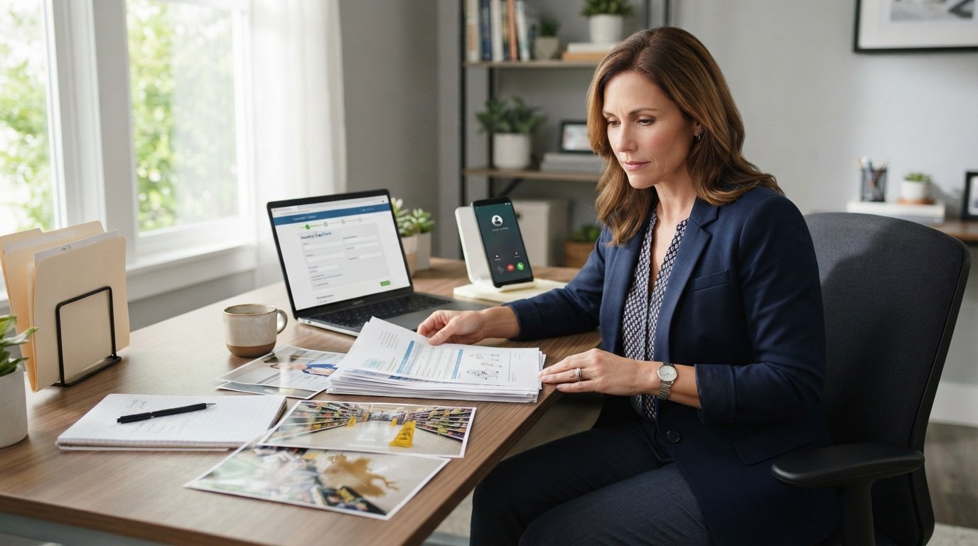 Woman in a blazer at a desk reviewing medical paperwork and photos of a wet store floor with a caution cone, laptop showing…
