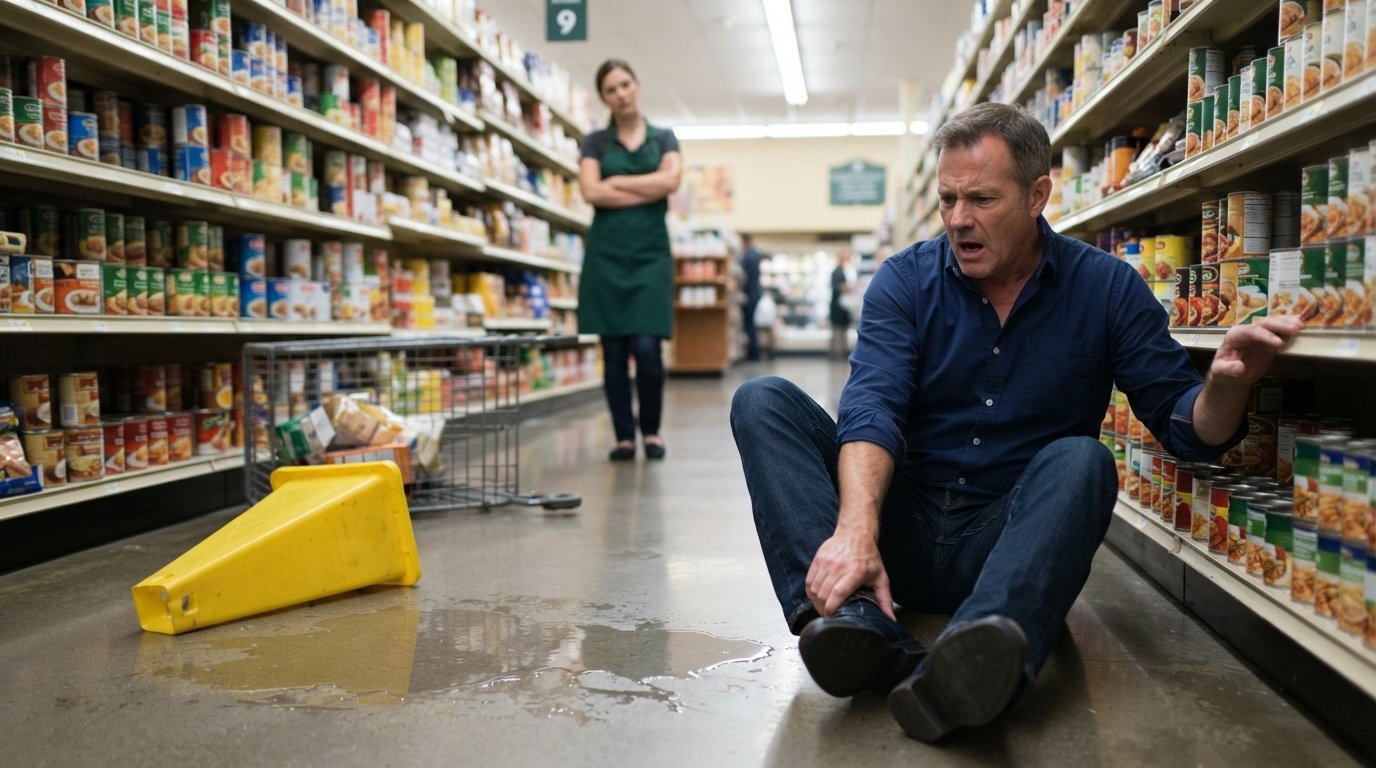 Middle-aged man sitting on a wet linoleum floor in a grocery store aisle, holding his leg, with a fallen wet floor sign…