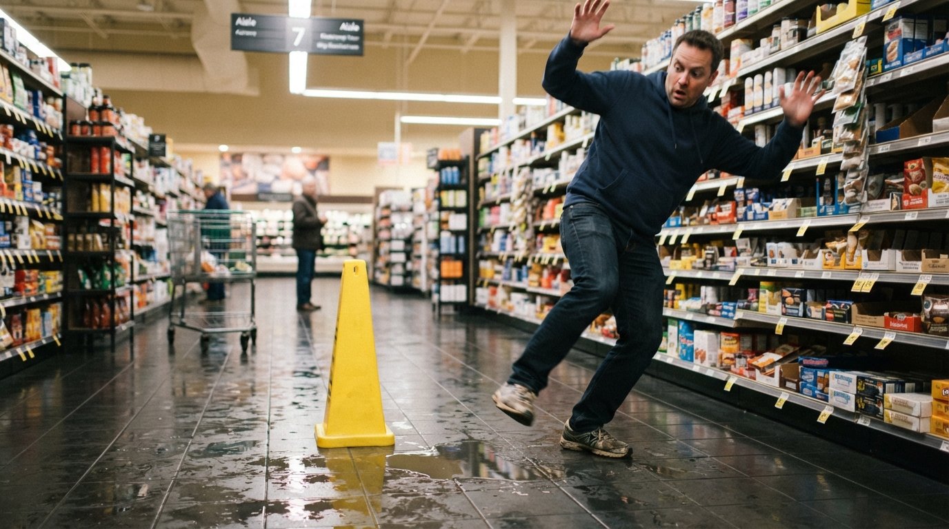 Shopper mid-stride slipping on wet grocery store tile beside a yellow caution cone and puddle