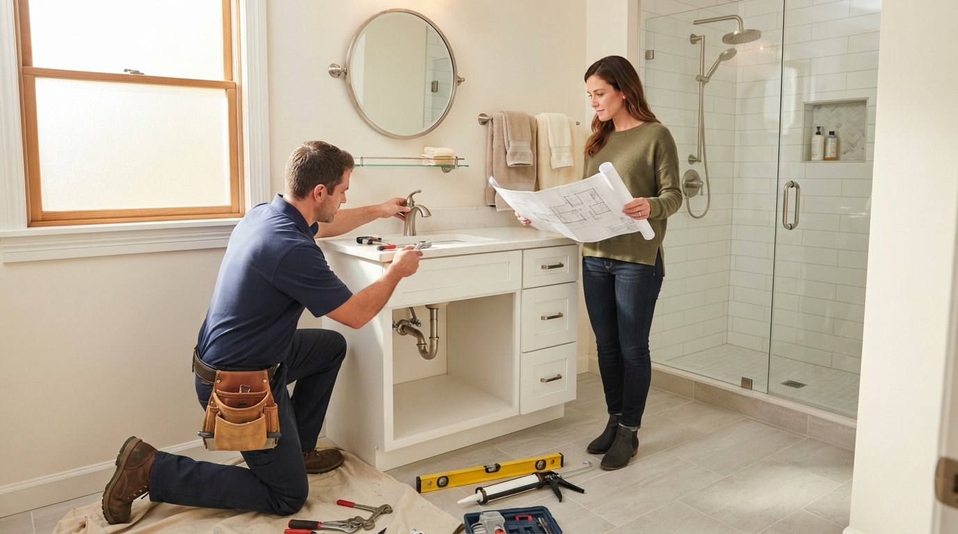 Contractor in navy polo installing a brushed nickel faucet on a white quartz vanity while a homeowner reviews plans in a…