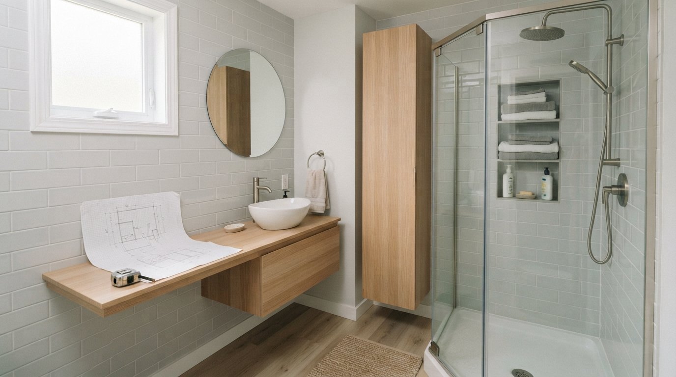 Compact bathroom with white oak floating vanity, tall narrow linen cabinet, glass shower with recessed niche shelves,…