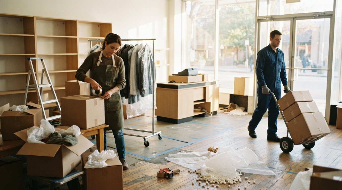 Shop owner in apron stands among packed boxes, rolling garment racks, and a disassembled checkout counter as a mover wheels…