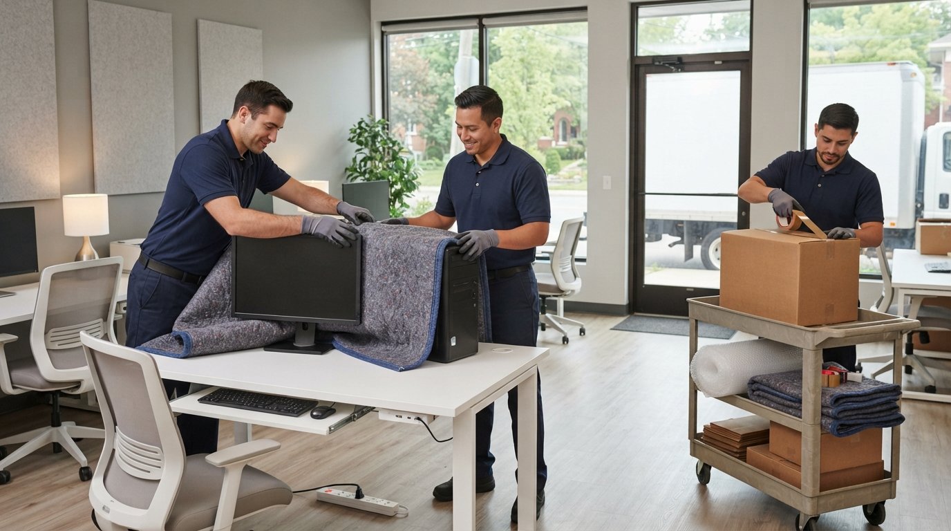 Two movers in navy polos wrap a monitor and computer tower with padded blankets in a bright office with white desks, while…