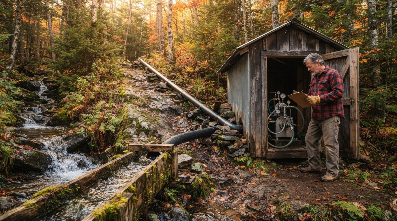 Micro-hydro intake channel diverting stream water to a compact turbine in a weathered shed on a mossy forest slope