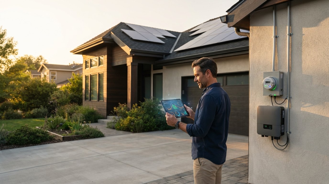Suburban home with rooftop solar panels, a wall-mounted smart meter and inverter with glowing lights, and a homeowner…