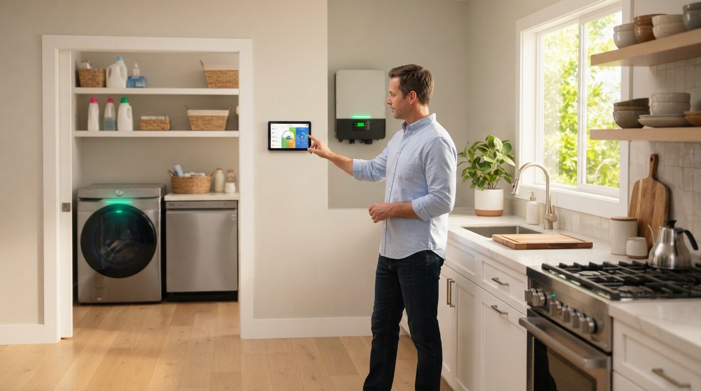 Man adjusting a wall-mounted smart energy hub in a sunny kitchen with smart dishwasher and washing machine nearby