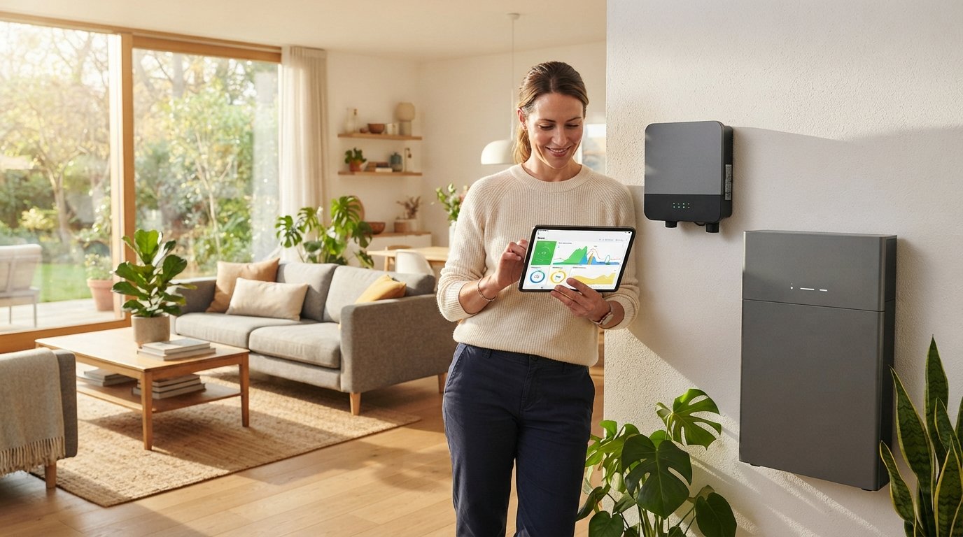 Homeowner in casual business attire checks a tablet showing real-time solar production and household consumption graphs…